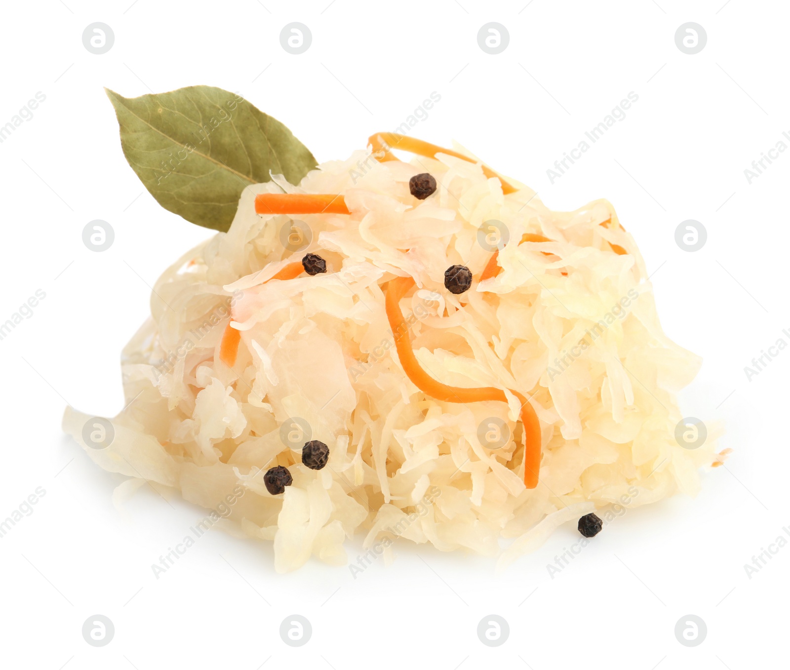 Photo of Tasty sauerkraut with carrot, peppercorns and bay leaf on white background