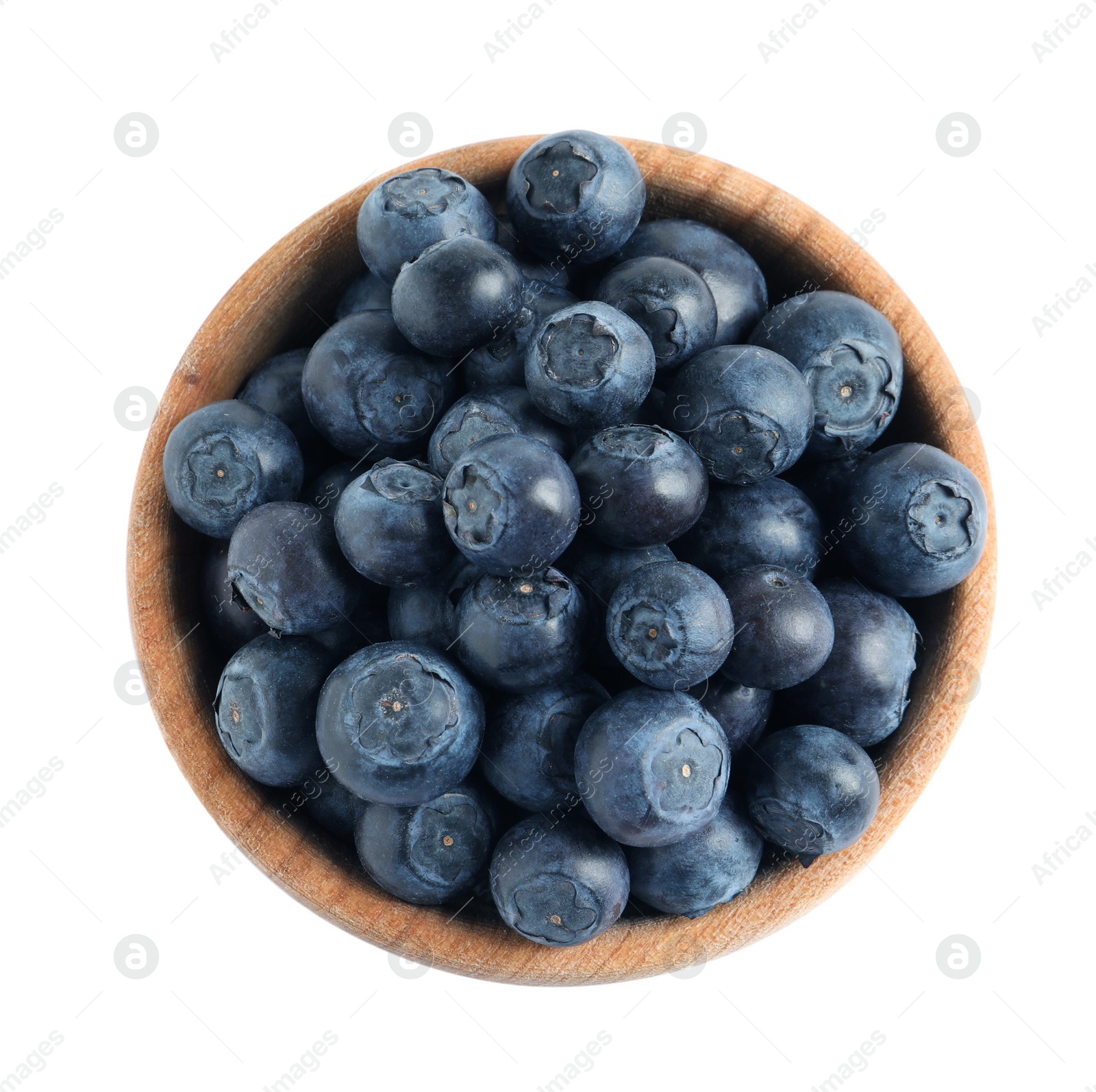 Photo of Bowl of fresh raw blueberries isolated on white, top view