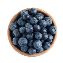 Photo of Bowl of fresh raw blueberries isolated on white, top view