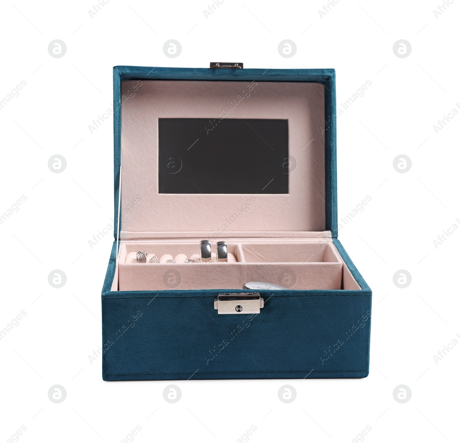 Photo of Jewelry box with mirror and silver accessories isolated on white