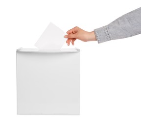 Photo of Woman putting her vote into ballot box on white background, closeup