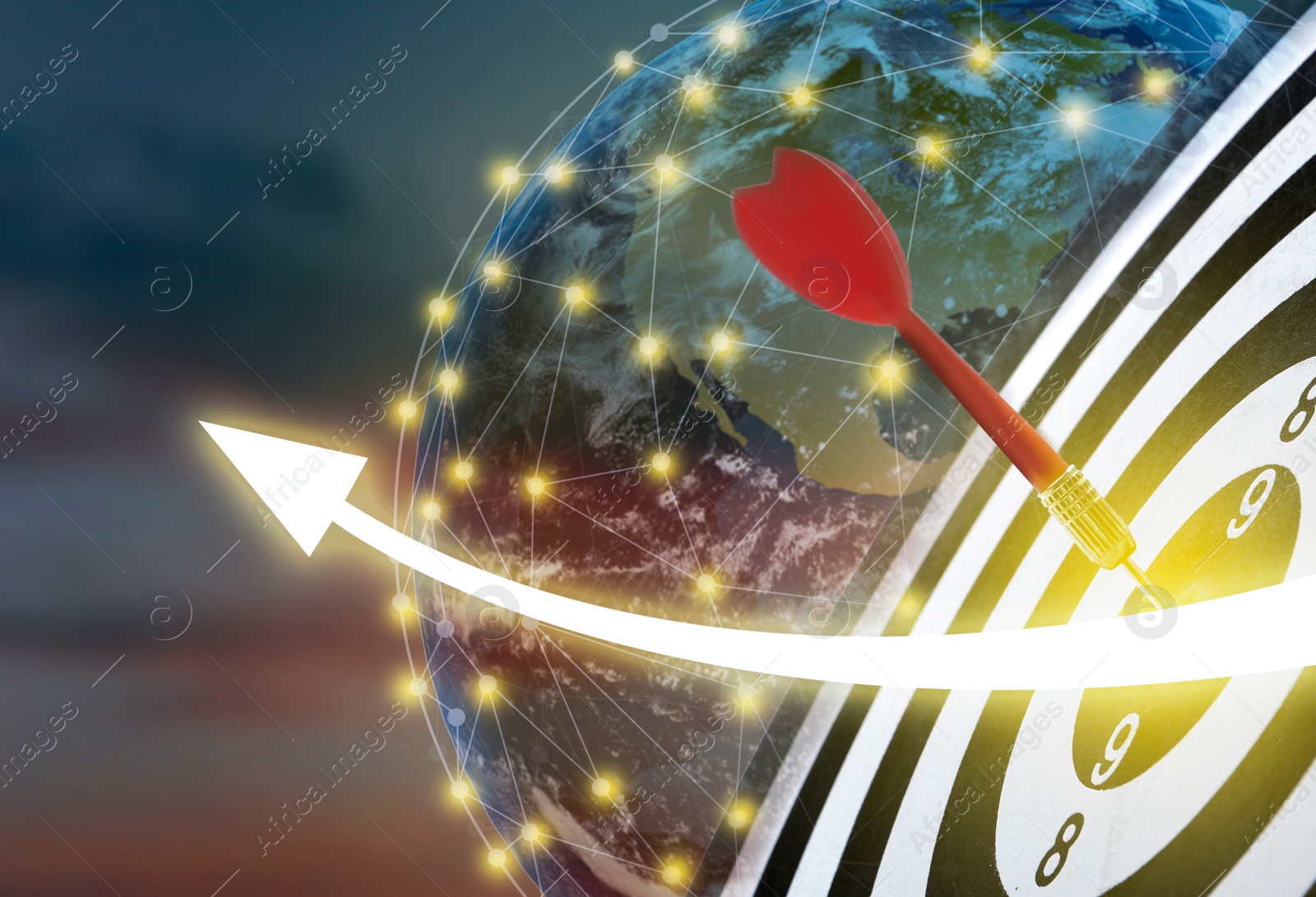 Image of Darts hitting target on board, illustration of graph, Earth planet and view sky at sunset