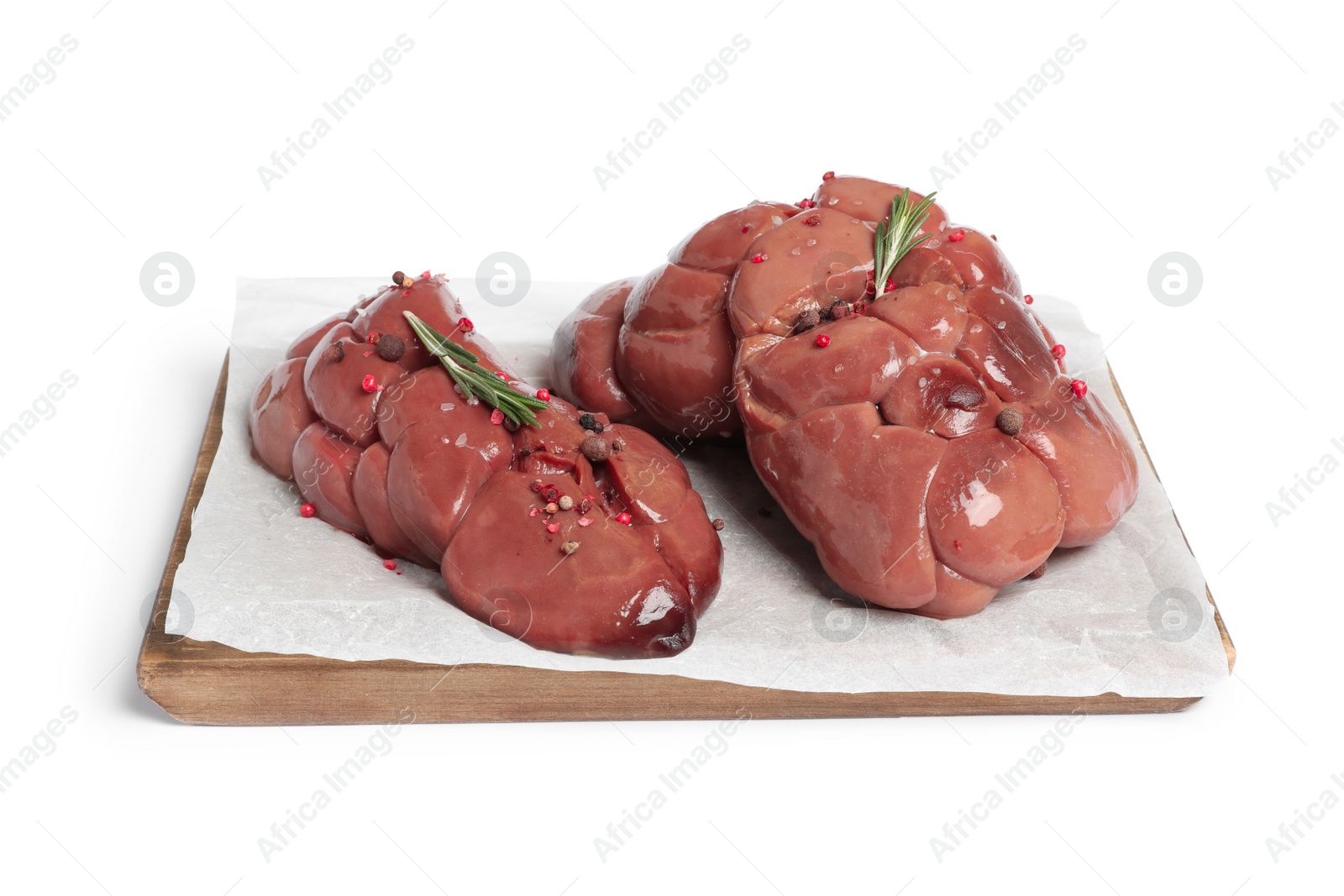 Photo of Fresh raw kidney meat with spices and rosemary on white background