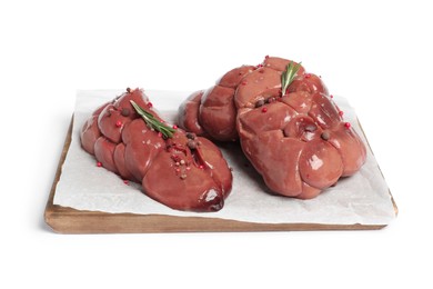 Photo of Fresh raw kidney meat with spices and rosemary on white background