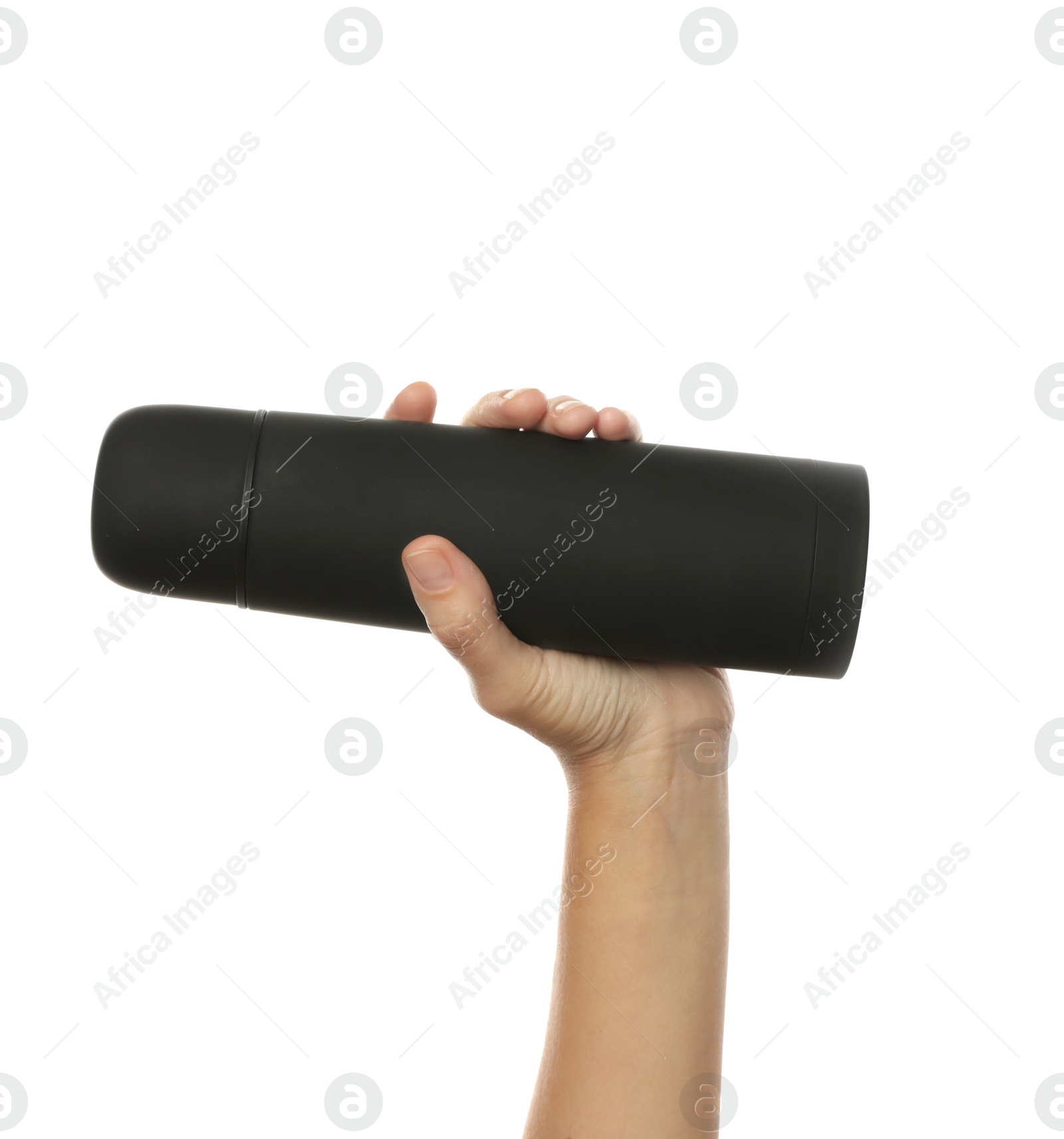 Photo of Woman holding black thermos on white background, closeup