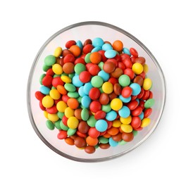 Photo of Bowl with colorful candies isolated on white, top view