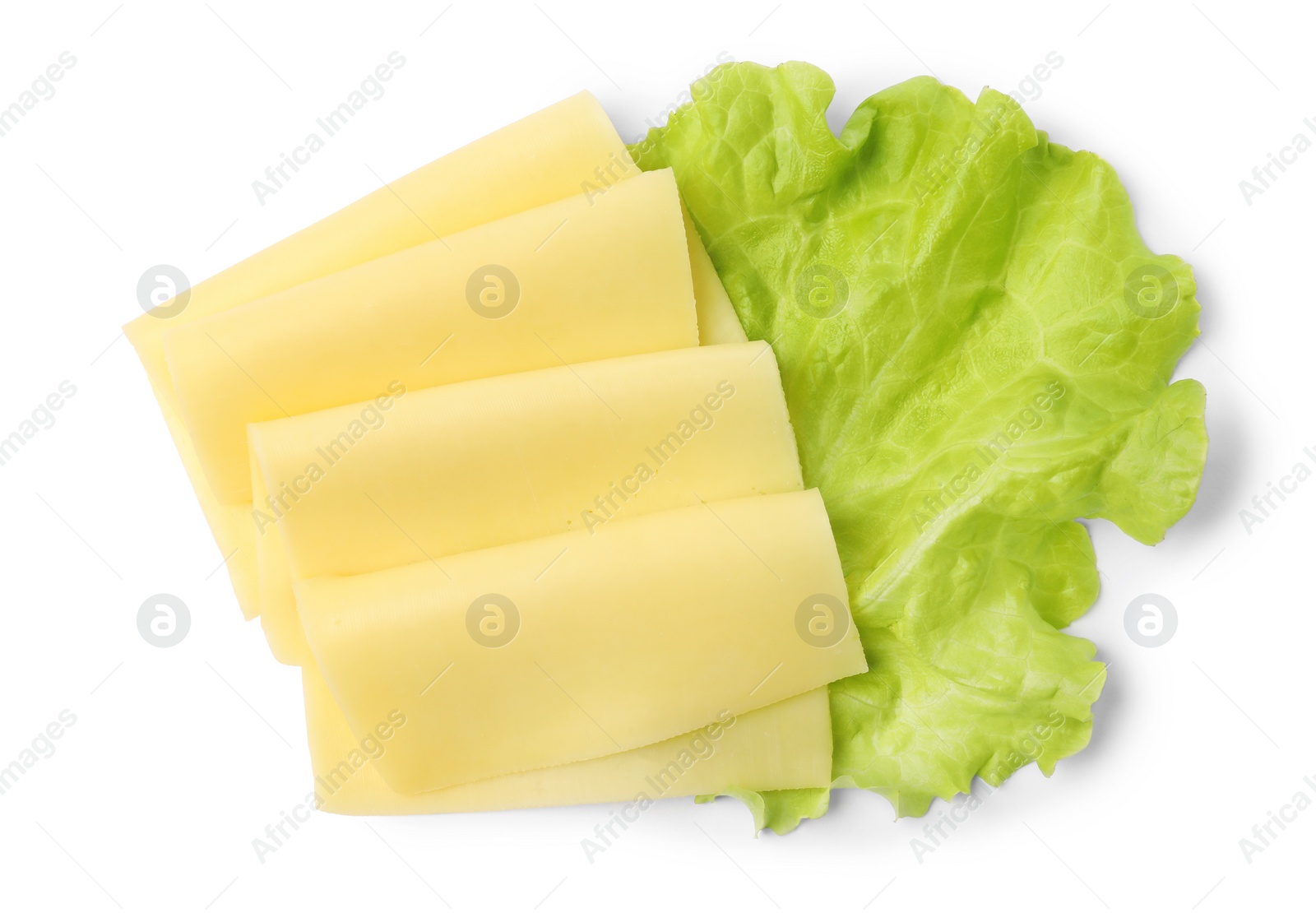 Photo of Slices of tasty fresh cheese and lettuce isolated on white, top view