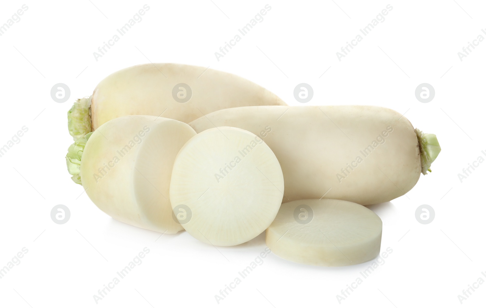 Photo of Sliced and whole fresh ripe turnips on white background