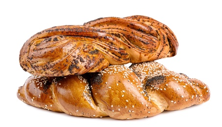 Different delicious fresh pastries on white background