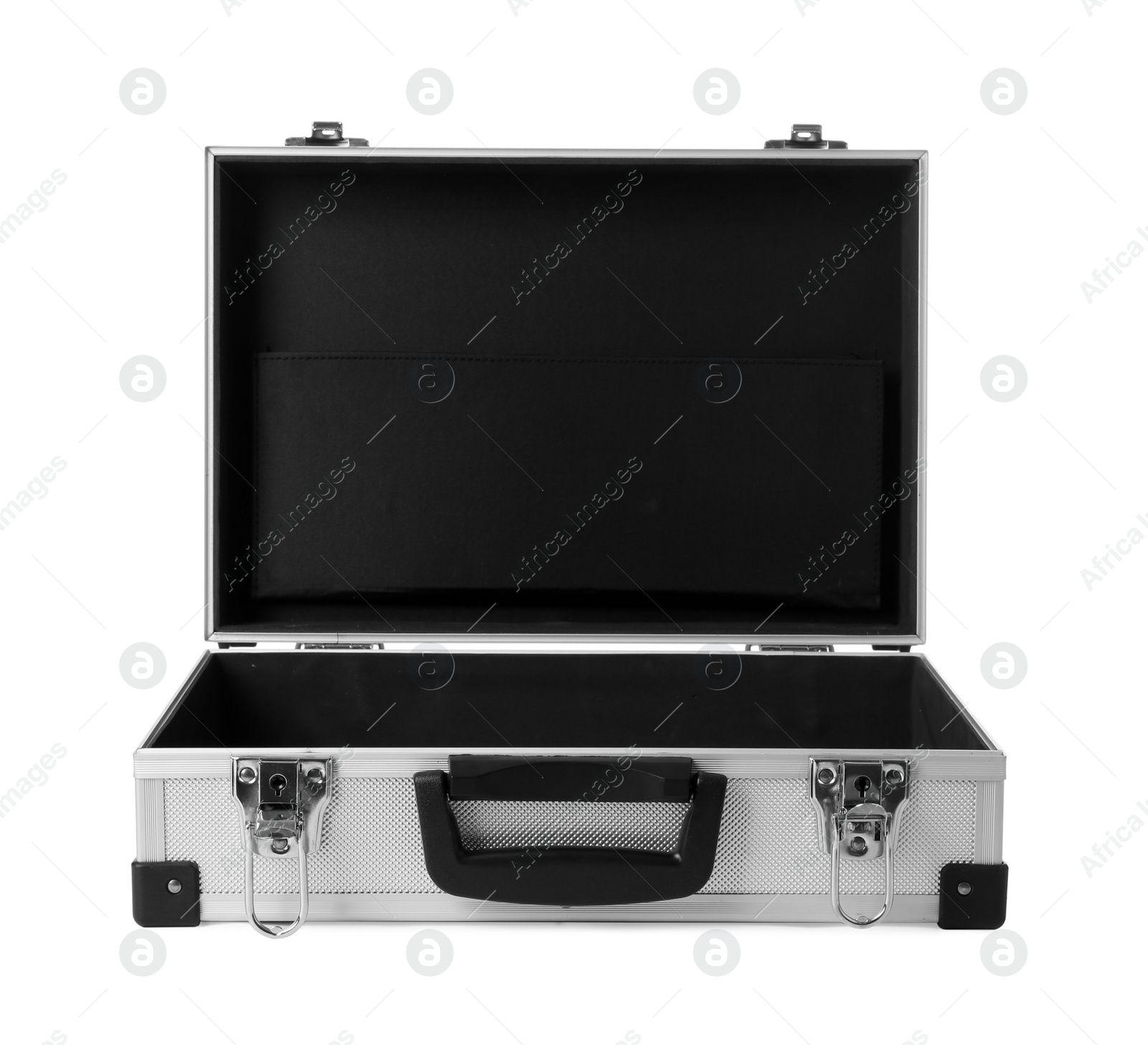 Photo of Open aluminum hard case on white background