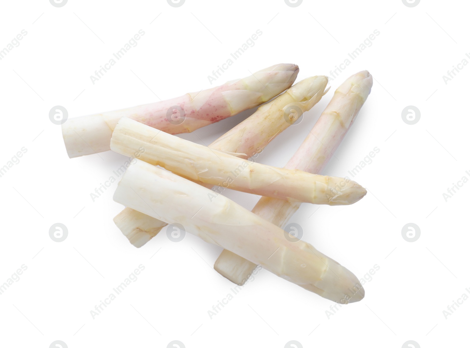 Photo of Pile of fresh raw asparagus isolated on white, top view