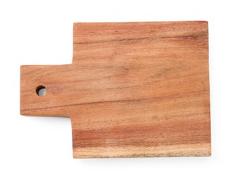 Photo of One wooden cutting board on white background, top view