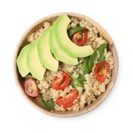 Photo of Delicious quinoa salad with tomatoes, avocado slices and spinach leaves isolated on white, top view