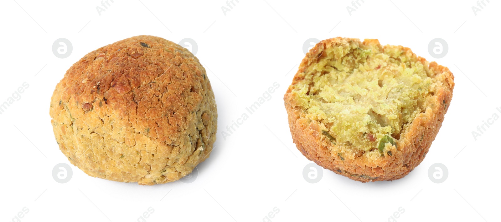 Image of Delicious deep fried falafel balls on white background, collage. Banner design 