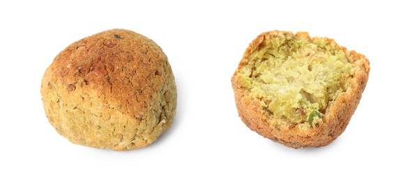 Image of Delicious deep fried falafel balls on white background, collage. Banner design 