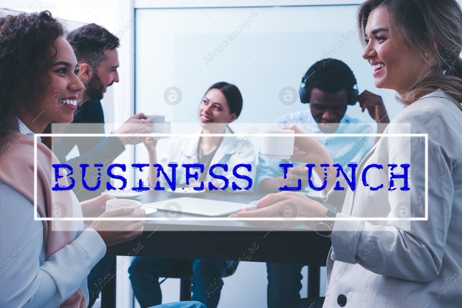 Image of Team of employees enjoying coffee break together in office. Business lunch