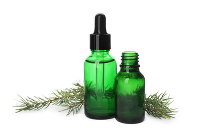 Glass bottles of essential oil and fir branch on white background