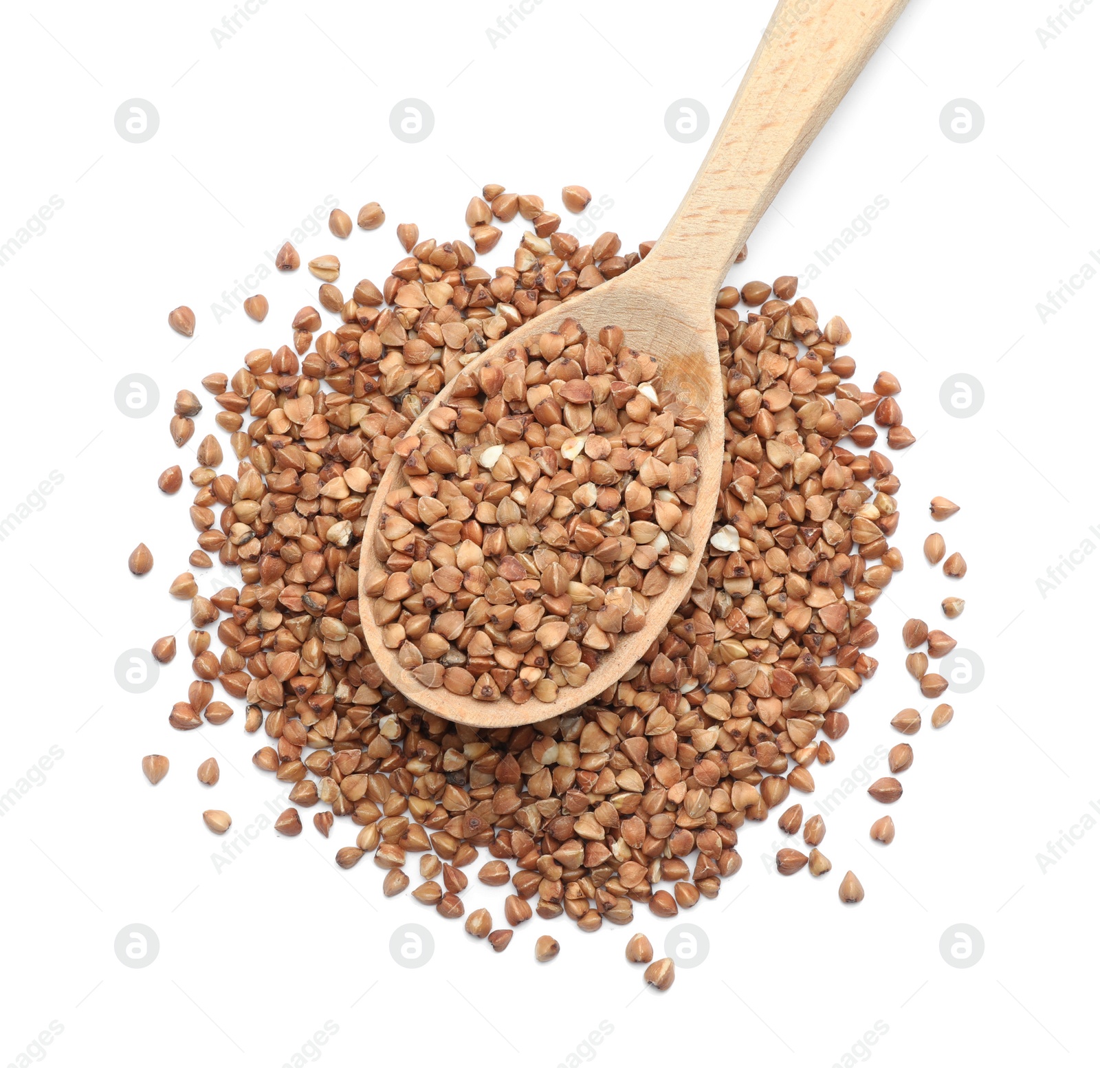 Photo of Raw buckwheat grains on white background, top view