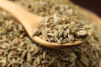 Spoon with fennel seeds on table, closeup