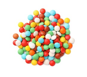 Photo of Many small colorful candies on white background, top view