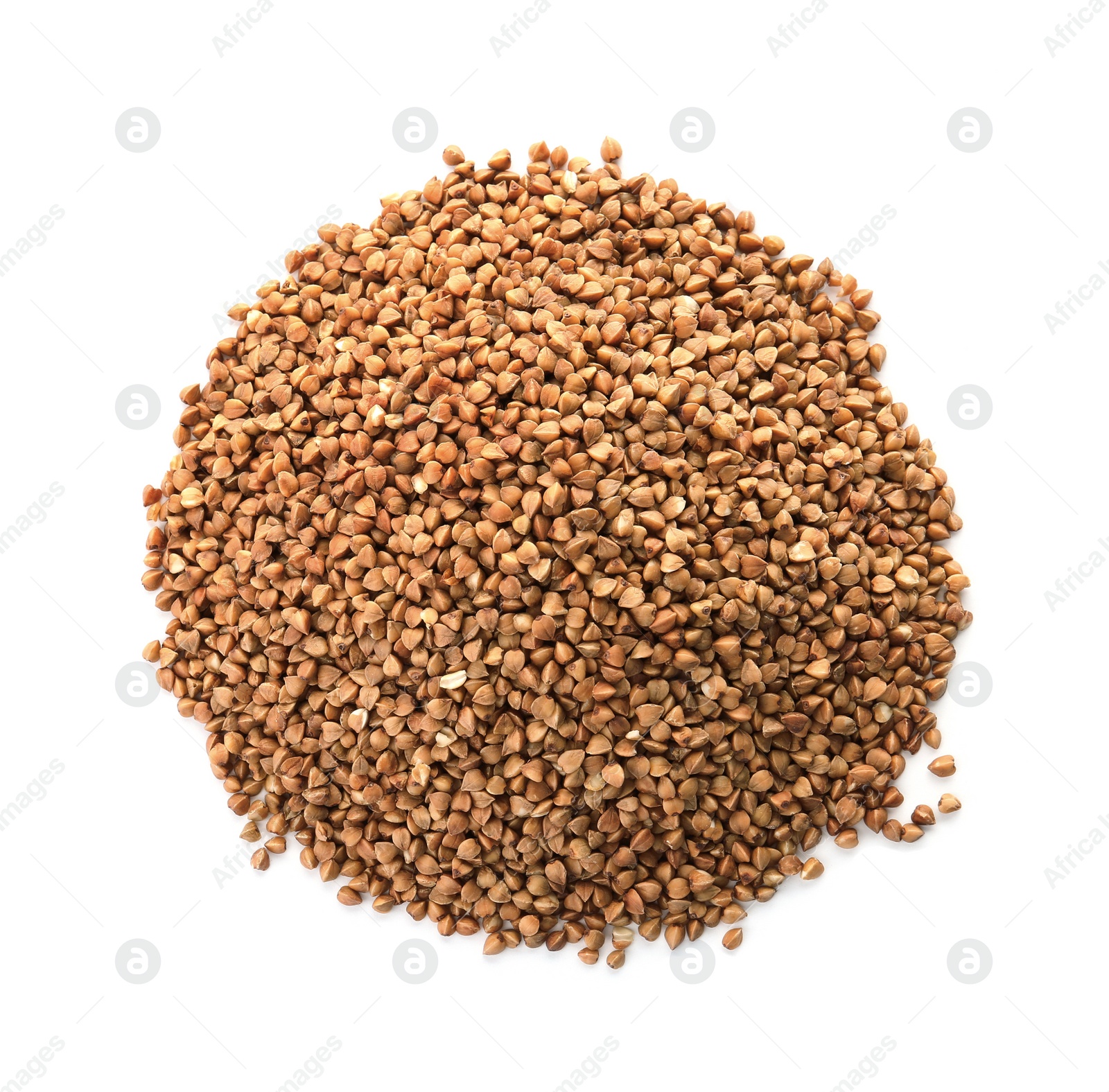 Photo of Raw buckwheat on white background. Healthy grains and cereals