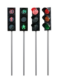 Image of Different traffic lights with poles on white background, collage design