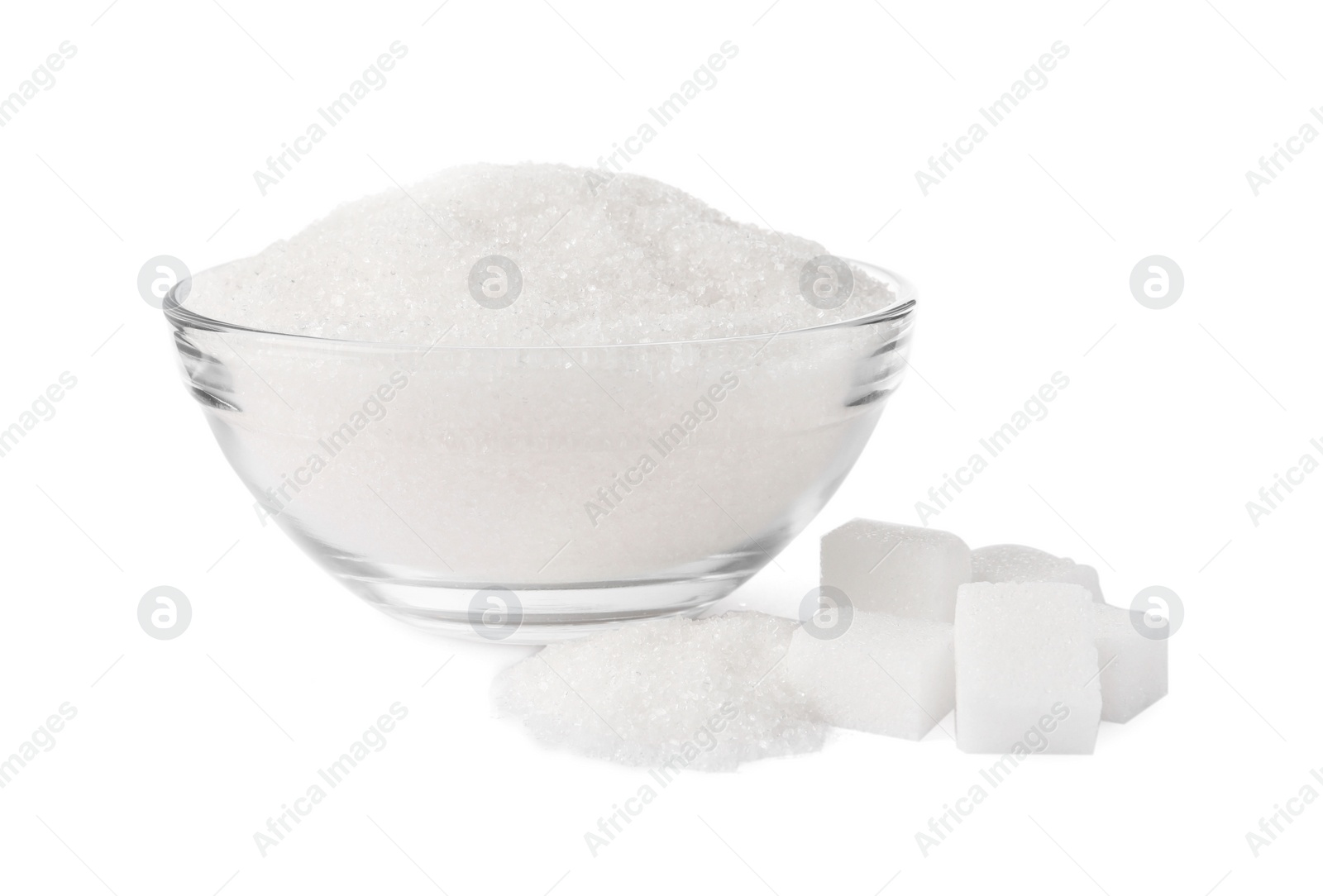 Photo of Granulated and cubed sugar with glass bowl on white background