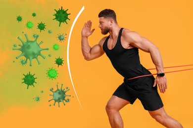 Image of Sporty man exercising on orange background. Healthy lifestyle - base of strong immunity