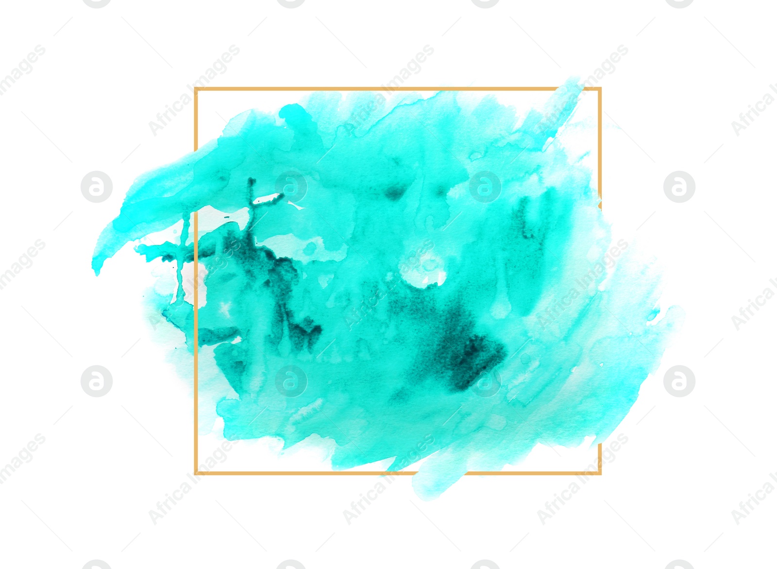 Image of Blot of turquoise watercolor paint and frame on white background