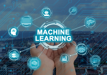 Image of Woman demonstrating machine learning model with linked icons and cityscape on background, closeup