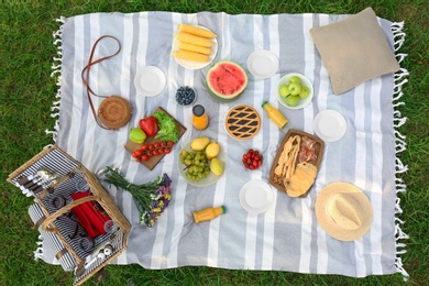 Picnic blanket with delicious snacks on grass in park, top view