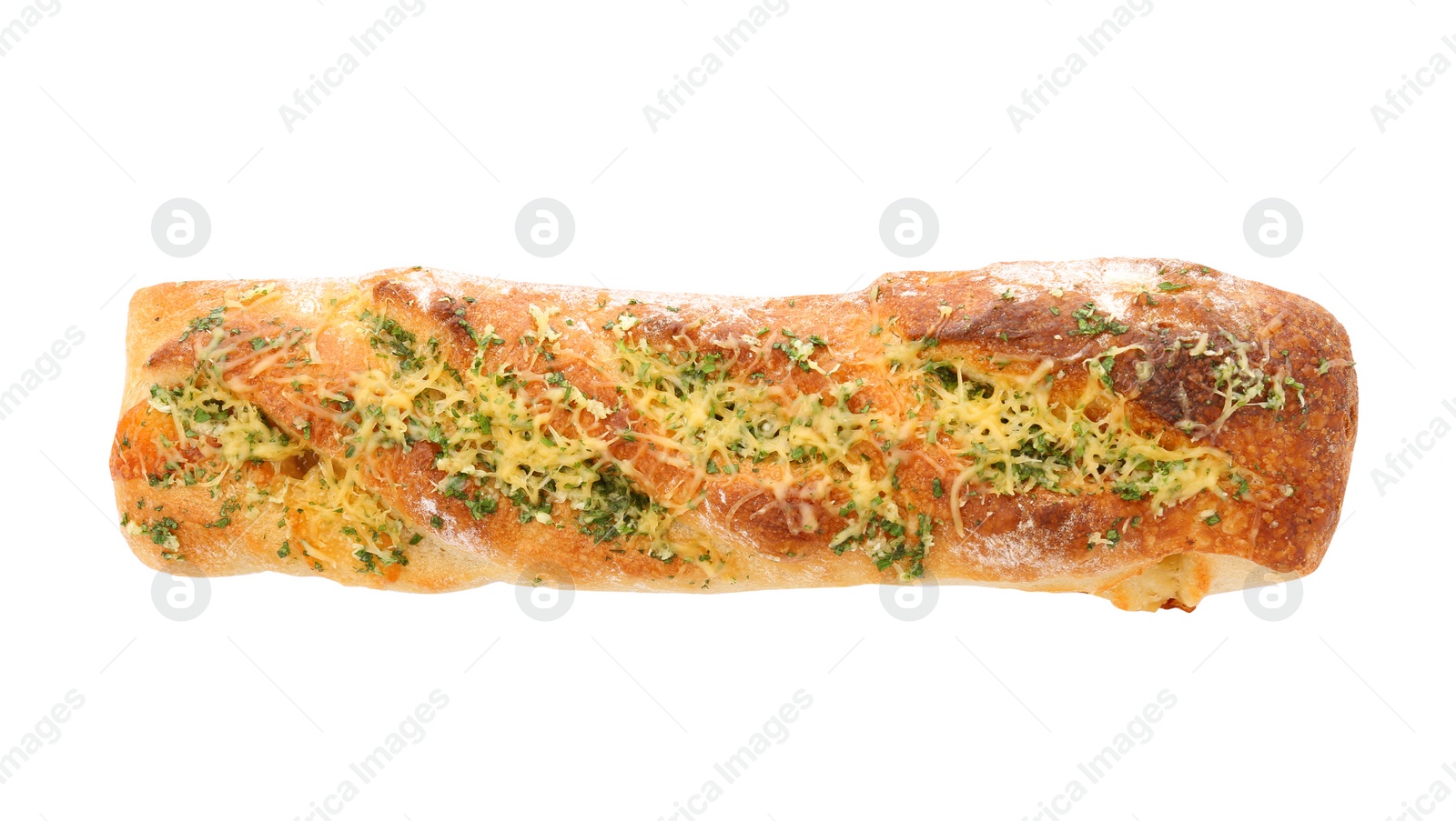 Photo of Tasty homemade garlic bread with cheese and herbs on white background, top view