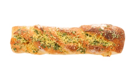 Photo of Tasty homemade garlic bread with cheese and herbs on white background, top view