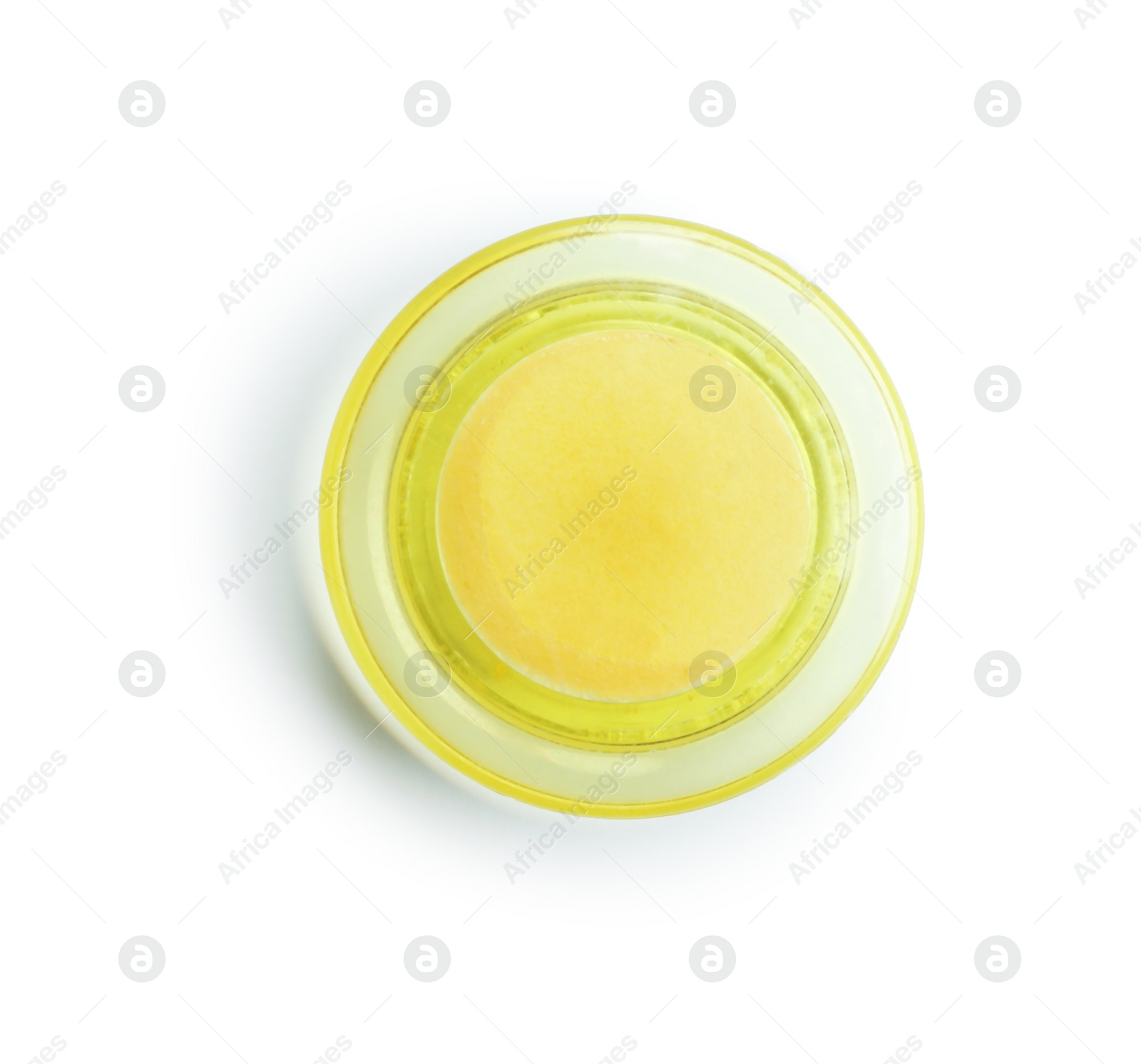 Photo of Bright yellow plastic magnet on white background, top view