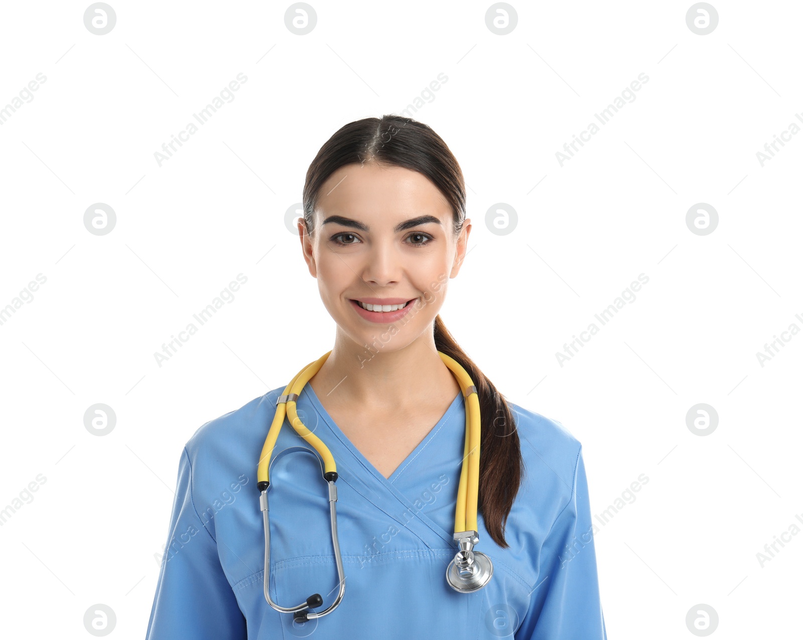 Photo of Portrait of medical assistant with stethoscope on white background