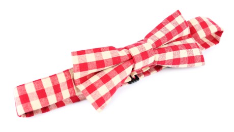 Stylish red gingham bow tie isolated on white