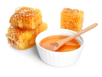 Photo of Composition with fresh honey on white background