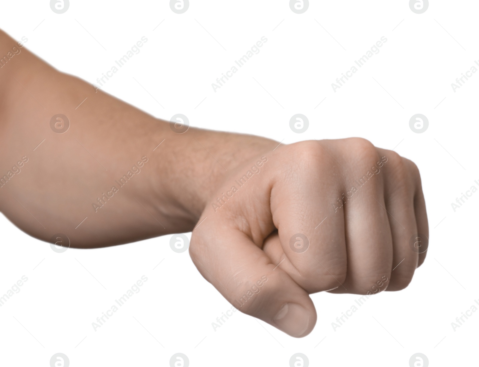 Photo of Man showing fist on white background, closeup