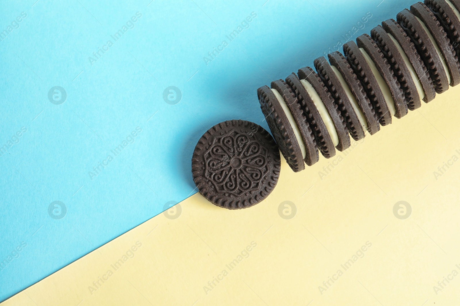 Photo of Tasty chocolate cookies with cream on color background, top view. Space for text