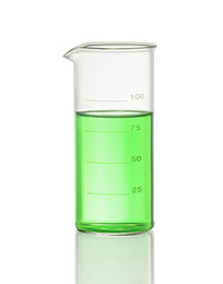 Beaker with light green liquid isolated on white