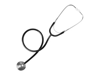 Photo of Stethoscope on white background, top view. Medical device