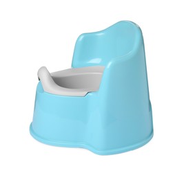 Photo of Light blue baby potty isolated on white. Toilet training