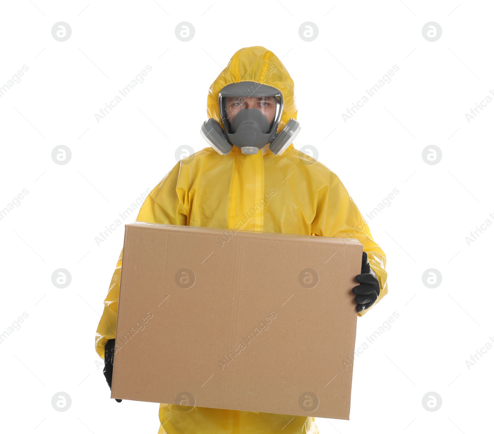 Photo of Man wearing chemical protective suit with cardboard box on white background. Prevention of virus spread