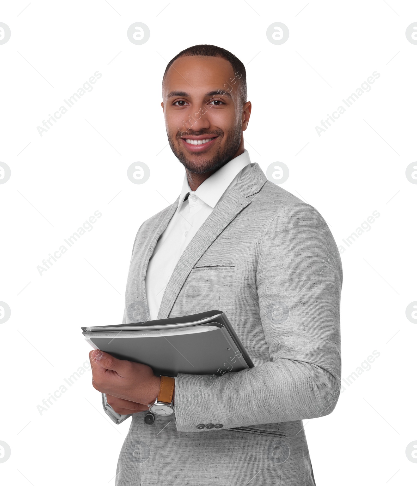 Photo of Portrait of happy man with folders on white background. Lawyer, businessman, accountant or manager