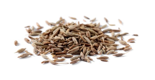 Photo of Heap of aromatic caraway (Persian cumin) seeds isolated on white