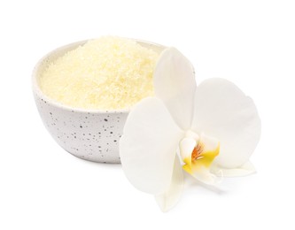 Sea salt in bowl and flower isolated on white