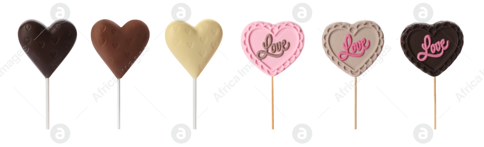 Image of Set with heart shaped lollipops made of chocolate on white background, banner design