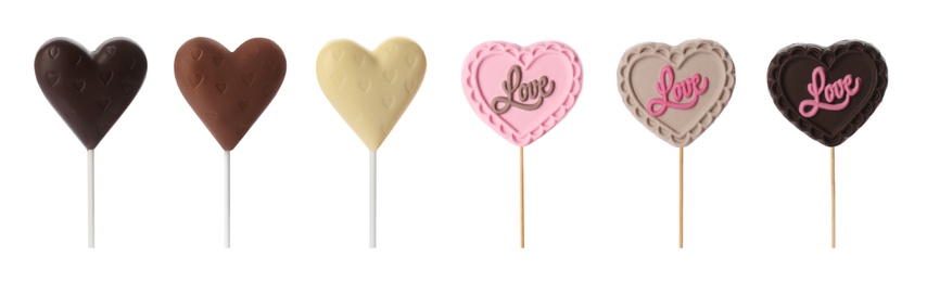 Image of Set with heart shaped lollipops made of chocolate on white background, banner design