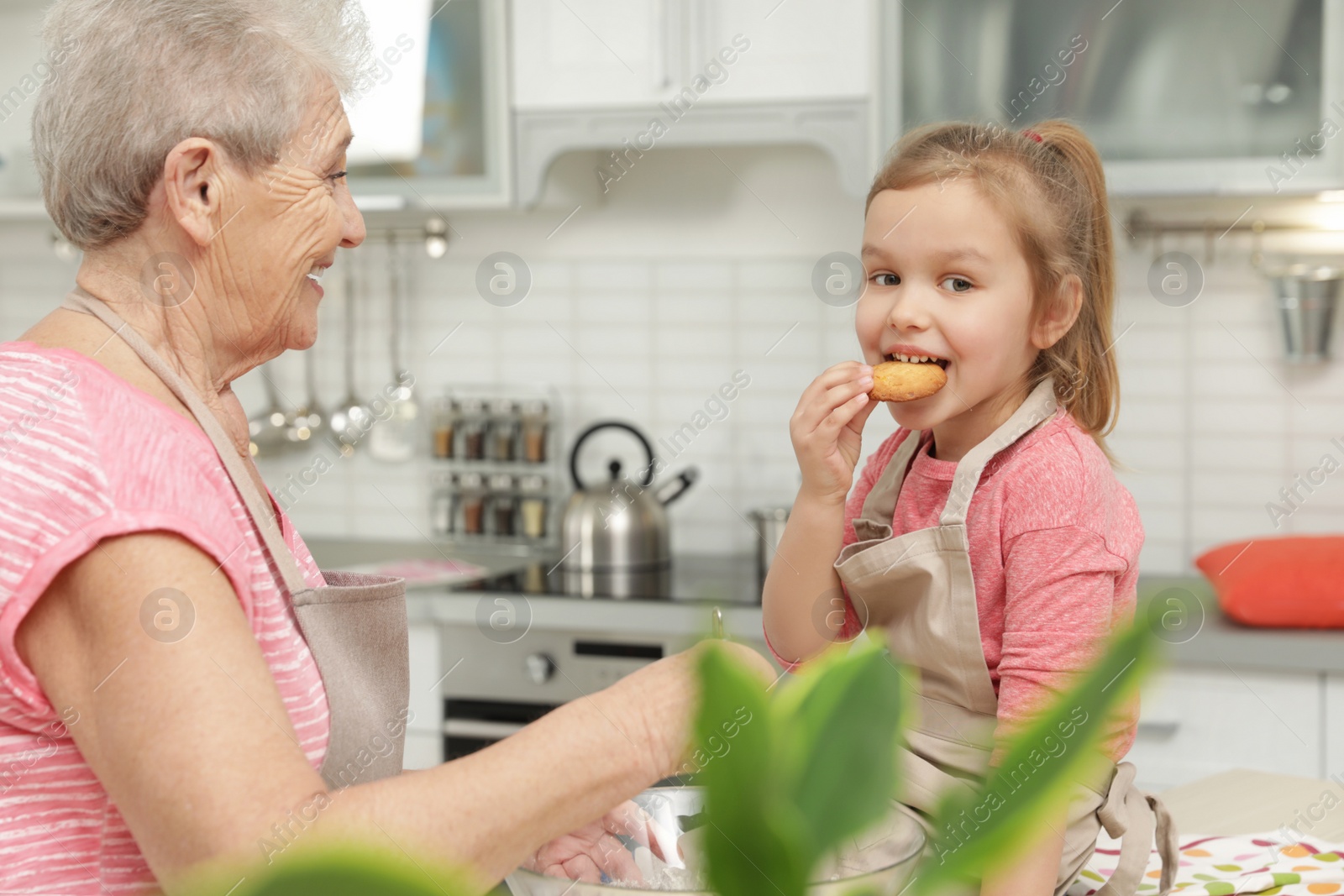 Photo of Cute girl and her grandmother cooking in kitchen