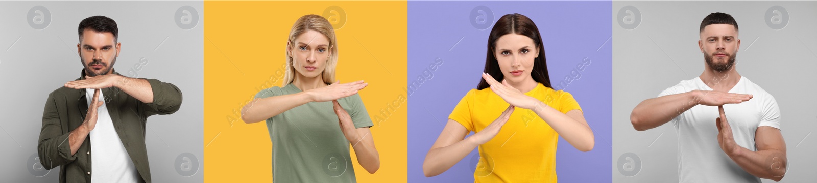 Image of People showing time out gesture on different color backgrounds. Collage with photos